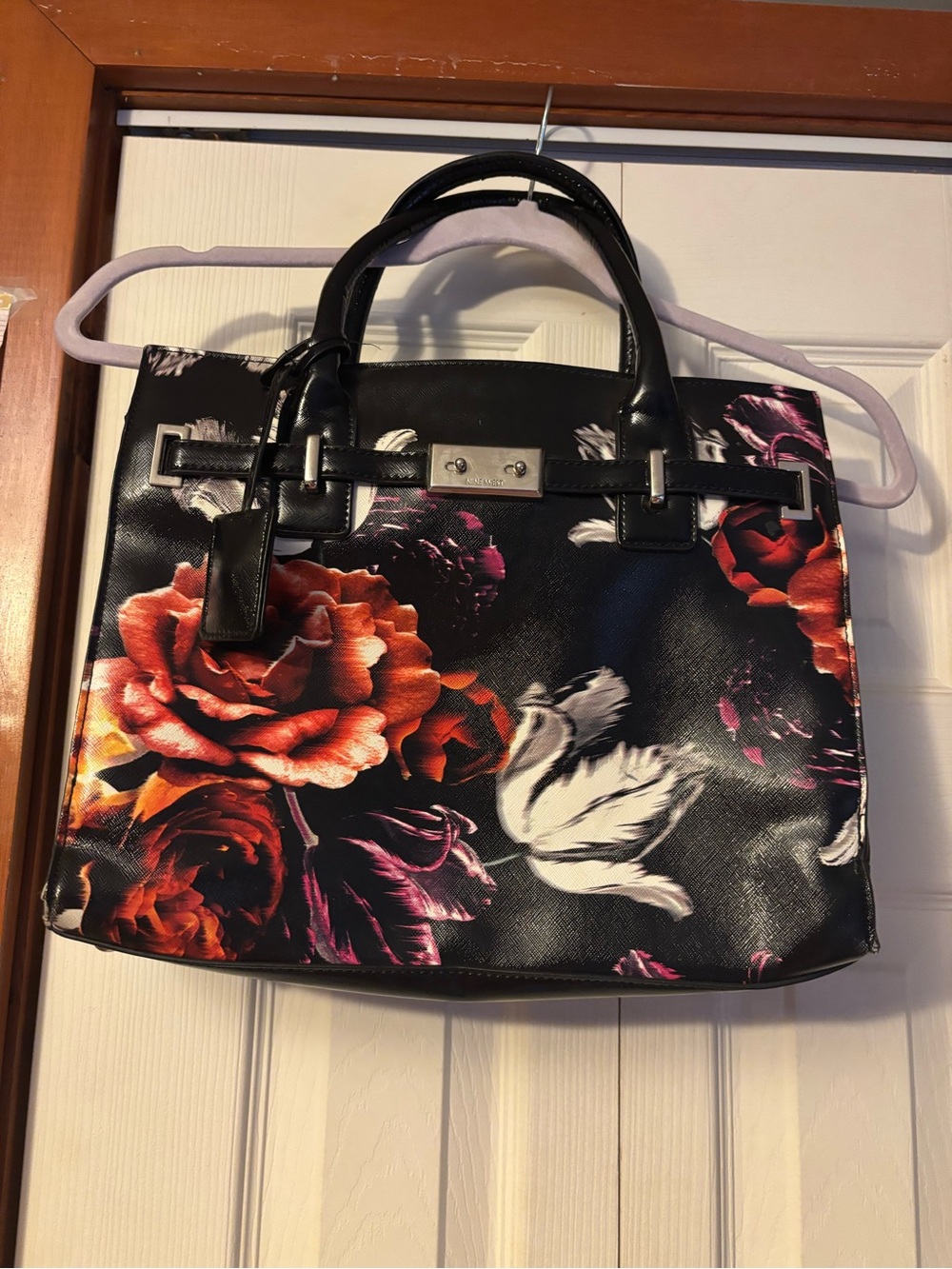 Nine West Floral Black Tote Handbag with Red & White Rose Print